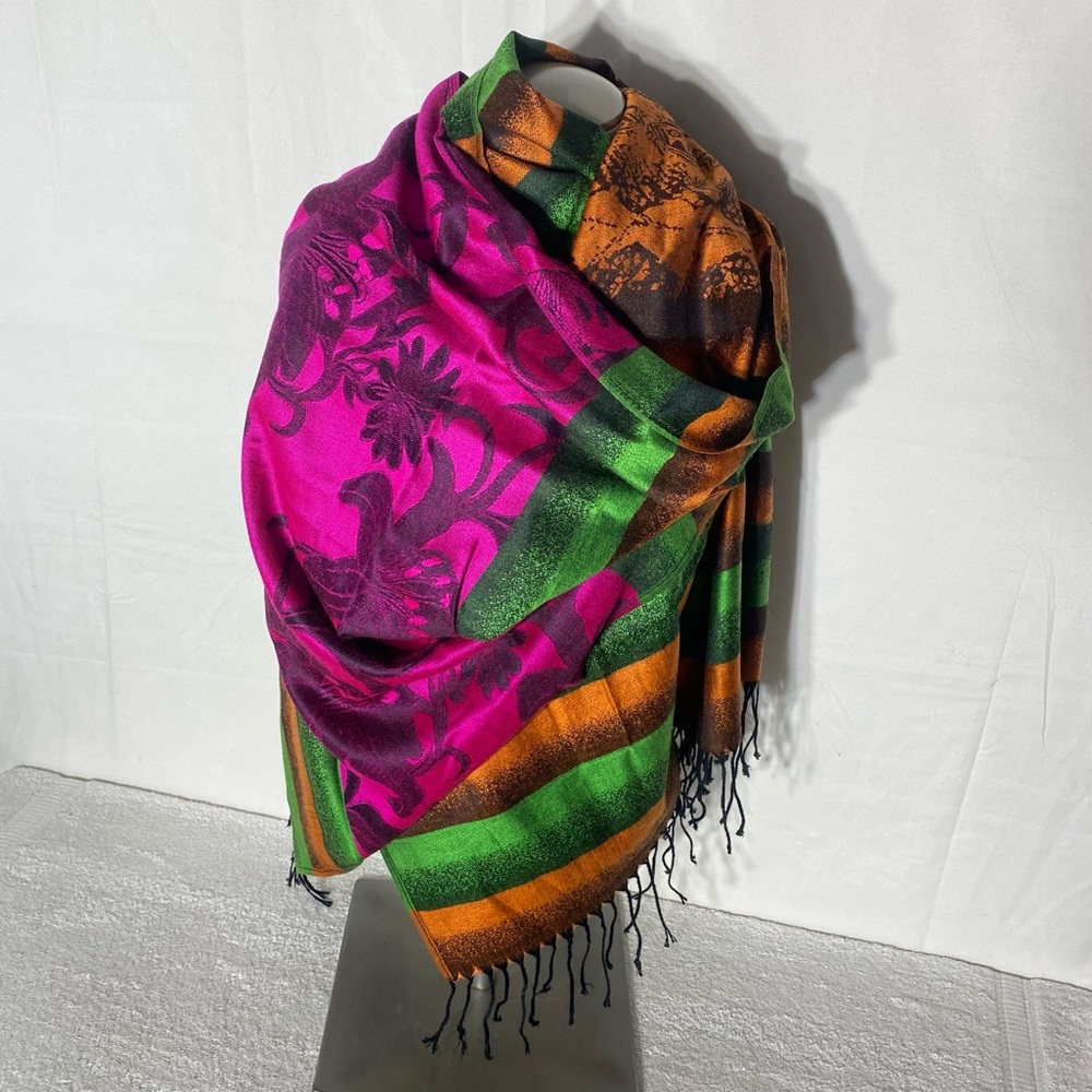 Orange Pink Green Scarf Wrap With Fringe